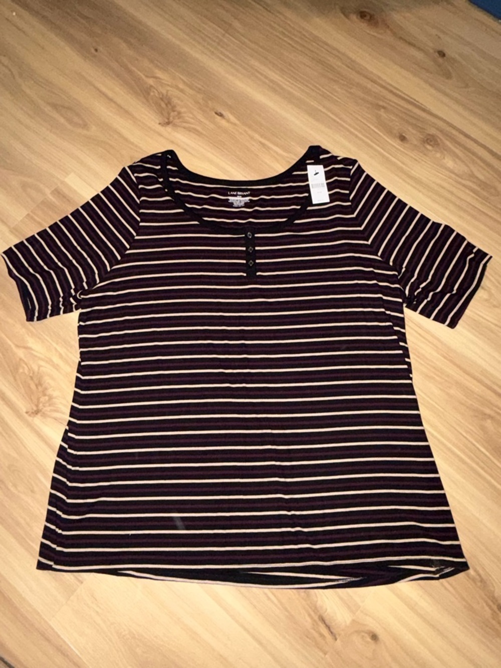 Lane Bryant Plus Size Black & Cream Striped Henley Top Size 18/20